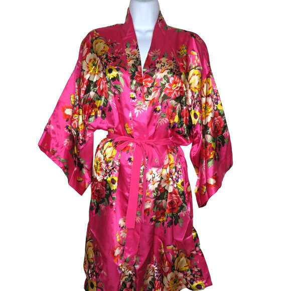 New Ms Lovely Hot Pink Floral Satin Kimono Robe M/L Knee Length Pockets Belted - Picture 2 of 16